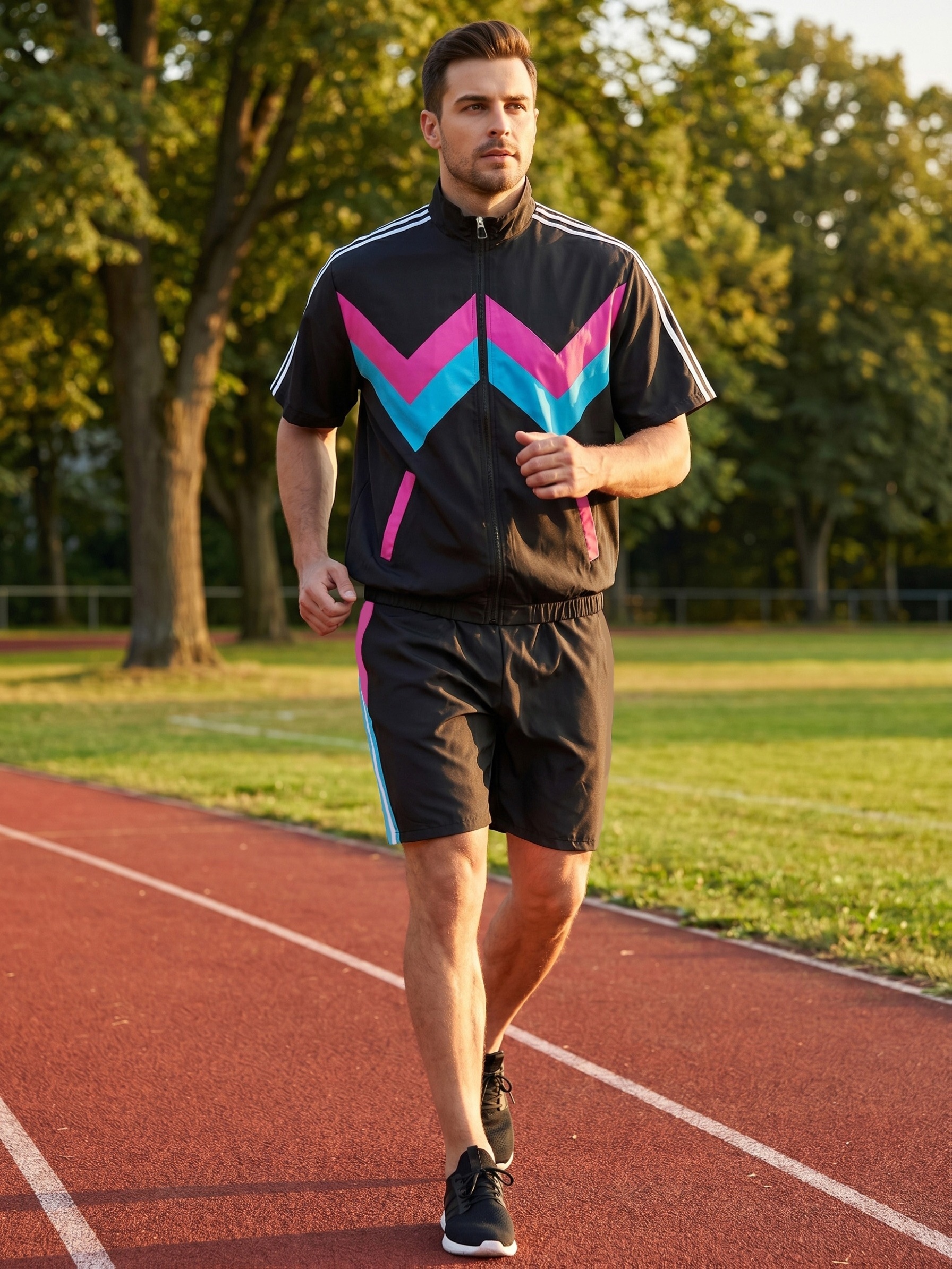 Men's 80s Workout Costume, Retro Color Block Sports Outfit